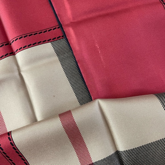 Display # 2 Burberry New Classic Check Pattern Red Border Silk Scarf - Picture 15 of 16